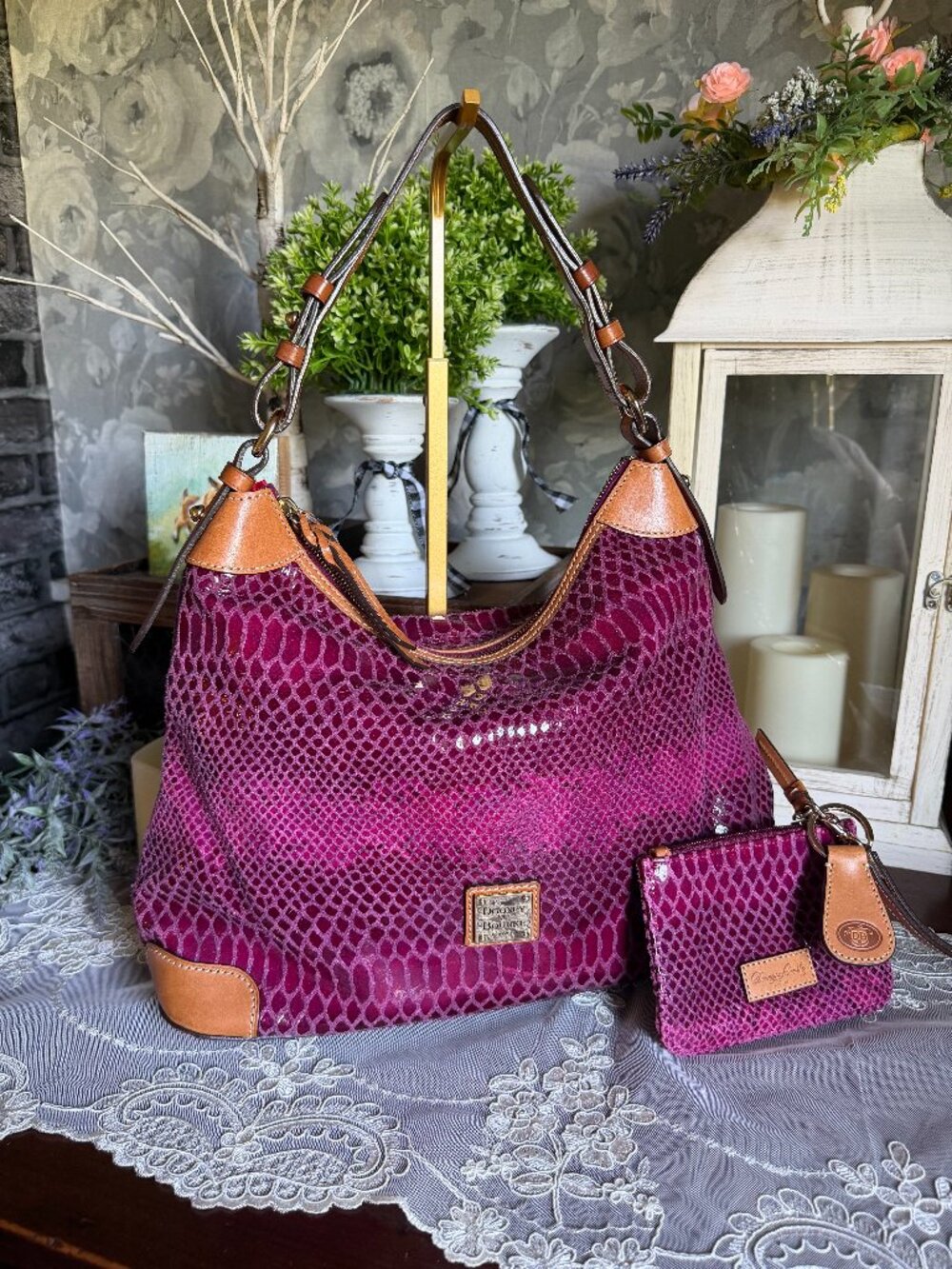 Dooney & Bourke Erica Fuchsia Snake Skin Embossed Hobo Handbag Purse Wallet Set